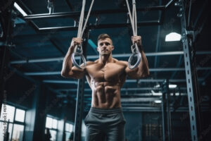 Man gymnast hanging on equipment with gymnastic rings for workout in gym